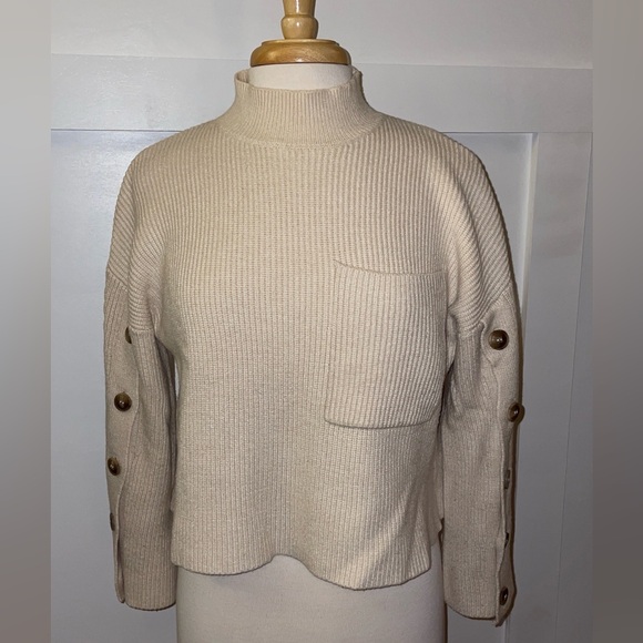 MANGO // cream ivory button detail mockneck sweater rib knit pocket - Picture 4 of 15